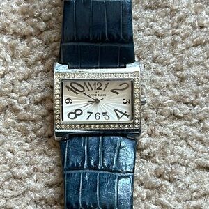 Anne Klein‎ women’s vintage blue/silver genuine leather crystal bracelet watch